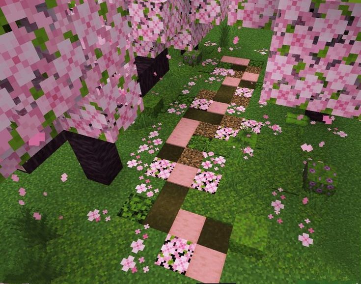 an image of a pink and green area with flowers on the ground in minecraft