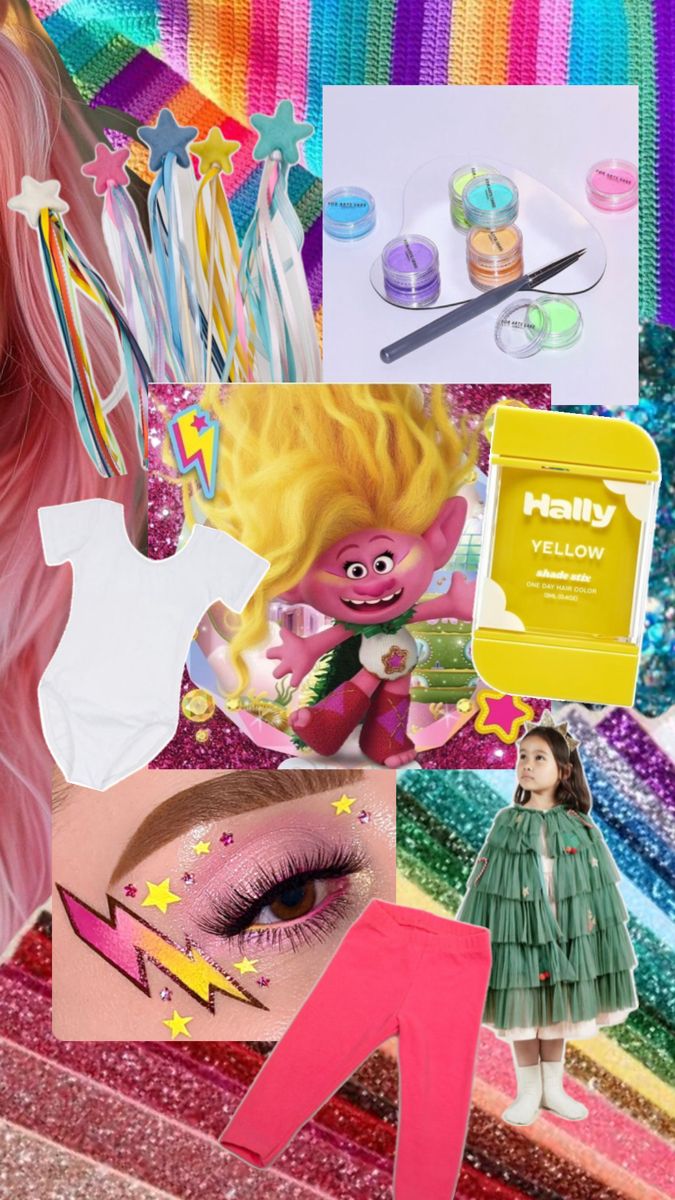 the collage has many different items on it, including pink hair and other things