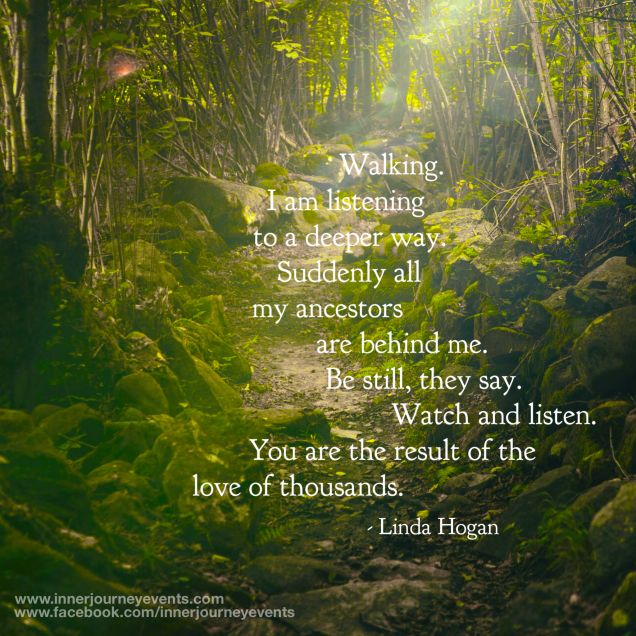 a path in the woods with a quote from linda hogn on it that says, i am listening to a deeper way