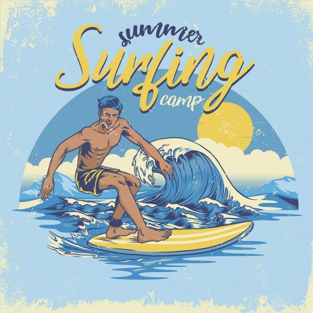 a man surfing in the ocean on a surfboard with an inscription summer surfing camp