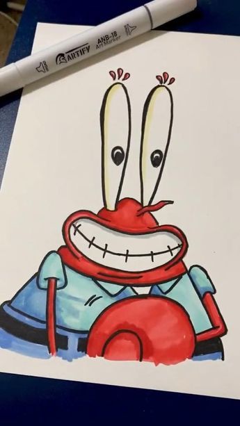 a drawing of a cartoon character with big eyes and large teeth, sitting on top of a table