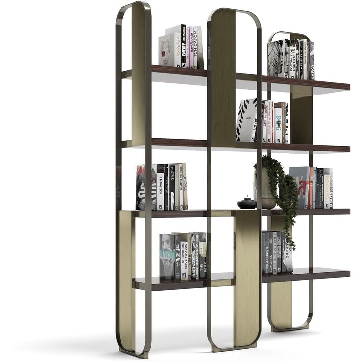 a bookshelf with several shelves and various items on it's sides, all in different shapes and sizes