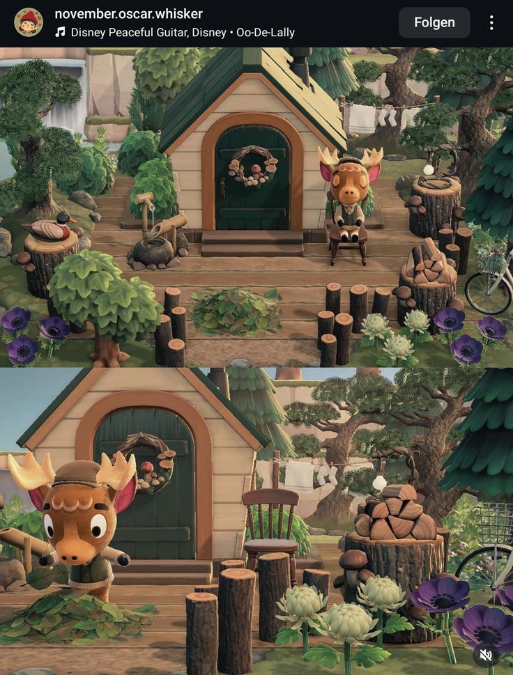 an animated image of a house with animals in the front yard and on the back ground