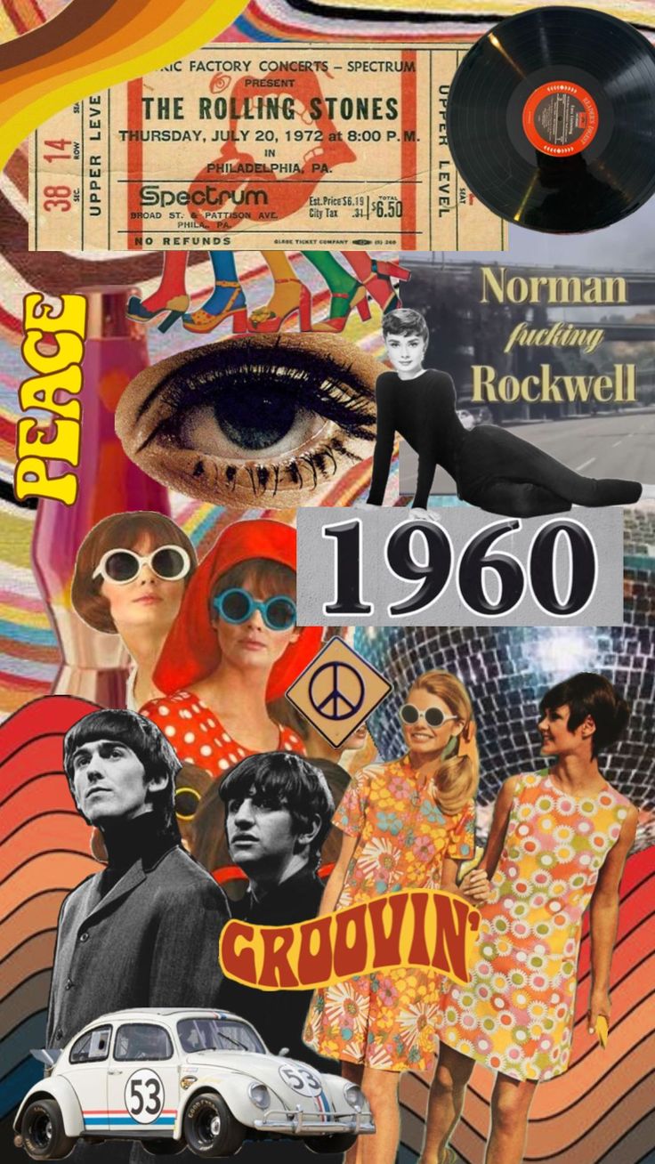 collage of various images including an old car, woman in sunglasses and other items