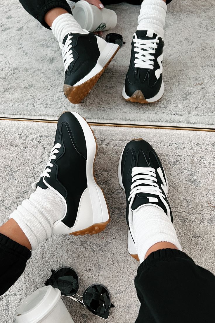 Cole Lace-Up Sneaker (Black/White) - NanaMacs Sneaker Platform, Sneakers Black, Over 50, White Lace, Shoes Sneakers, Lace Up, Black White, Running, Black And White