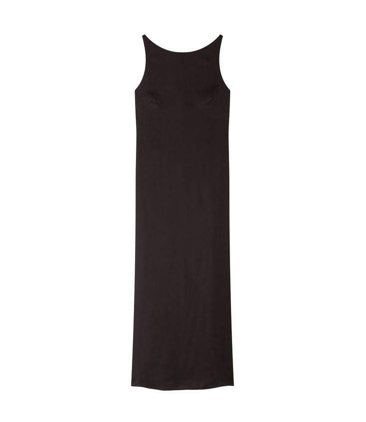 A.P.C. Women's dress.- Flowing satiny material. - Straight cut. - Ankle length. - Wide neckline. - Spaghetti straps in back. - Bust darts. - Backless. - Tone-on-tone viscose lining. - 100% viscose from FSC (Forest Stewardship Council) forests. Stretch Bias Cut Dress For Night Out, Sleeveless Stretch Satin Dress For Formal Occasions, Black Sleeveless Dress With Satin Finish, Sleek Fitted Slip Dress With Side Slits, Sleeveless Stretch Bias Cut Midi Dress, Stretch Sleeveless Bias Cut Midi Dress, Stretch Sleeveless Bias-cut Midi Dress, Fitted Silk Sleeveless Backless Dress, Sleek Fitted Slip Dress With Back Opening