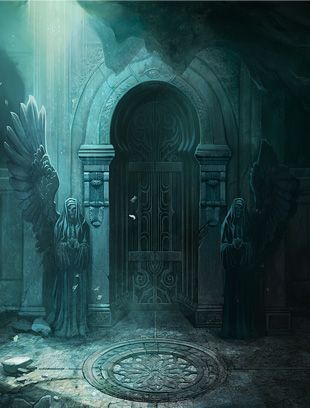 an image of a fantasy scene with two people in front of a door and another person standing at the entrance