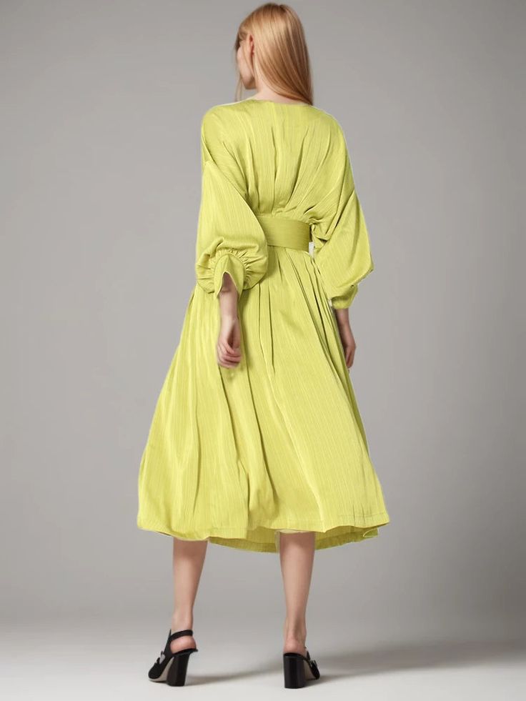 Specification A-line Dress With Pleated Sleeves For Brunch, Green Midi Dress With Pleated Sleeves, Spring Green Dress With Pleated Sleeves, Green Spring Dress With Pleated Sleeves, Casual Brunch Dresses With Pleated Sleeves, Spring Knee-length Belted Long Sleeve Dress, Belted Long Sleeve Knee-length Dress For Spring, Solid Color Spring Evening Dresses, Green Pleated Midi Dress For Daywear