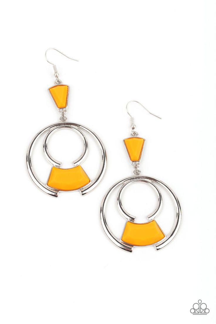 Bold silver circles create an eye-catching frame for a vibrant Marigold faceted bead. The trendy pendant sways from a Marigold triangular bead anchor for an embellished finish. Earring attaches to a standard fishhook fitting. Cheap Orange Jewelry For Party, Cheap Orange Jewelry For Festivals, Cheap Orange Costume Jewelry, Cheap Orange Earrings With Dangling Beads, Cheap Orange Beaded Earrings For Festival, Mobile Boutique, Orange Boxes, Orange Earrings, Yellow Earrings