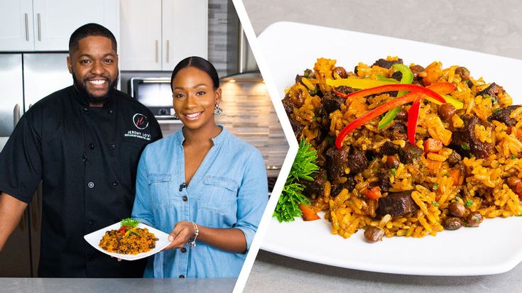 a man and woman standing next to a plate of food