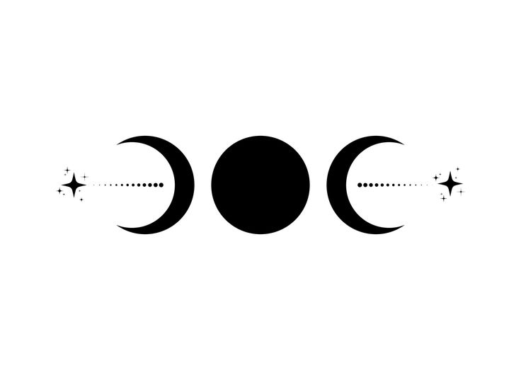 three phases of the moon in black and white, with stars on each one side