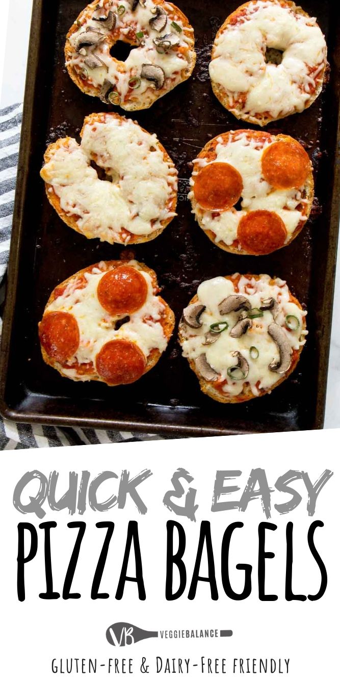 pizza bagels on a baking sheet with text overlay