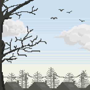 a pixel art scene with trees and clouds