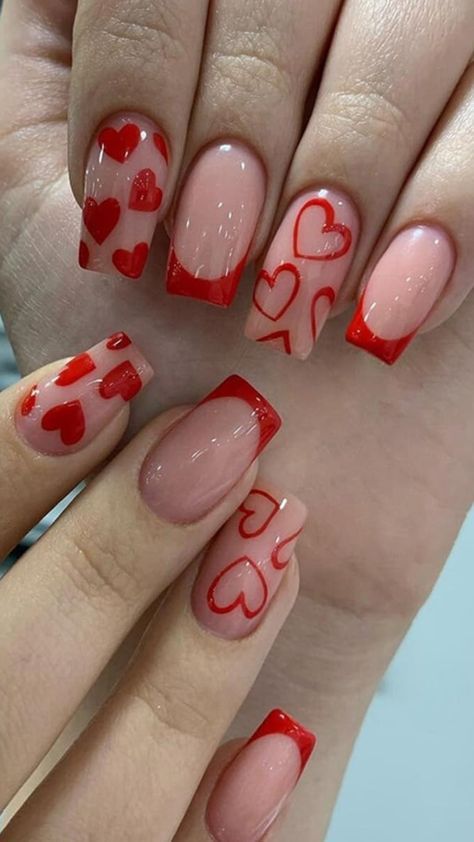 Nails With Red Heart, French Tip Fake Nails, Nails With Red, Nails Medium Length, Unghie Nail Art, Heart Nail Designs, Nails Yellow, Press On Nails Medium, Valentine Nail Art