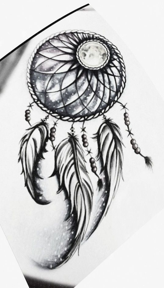 a drawing of a dream catcher with feathers on it's head and the moon in the background