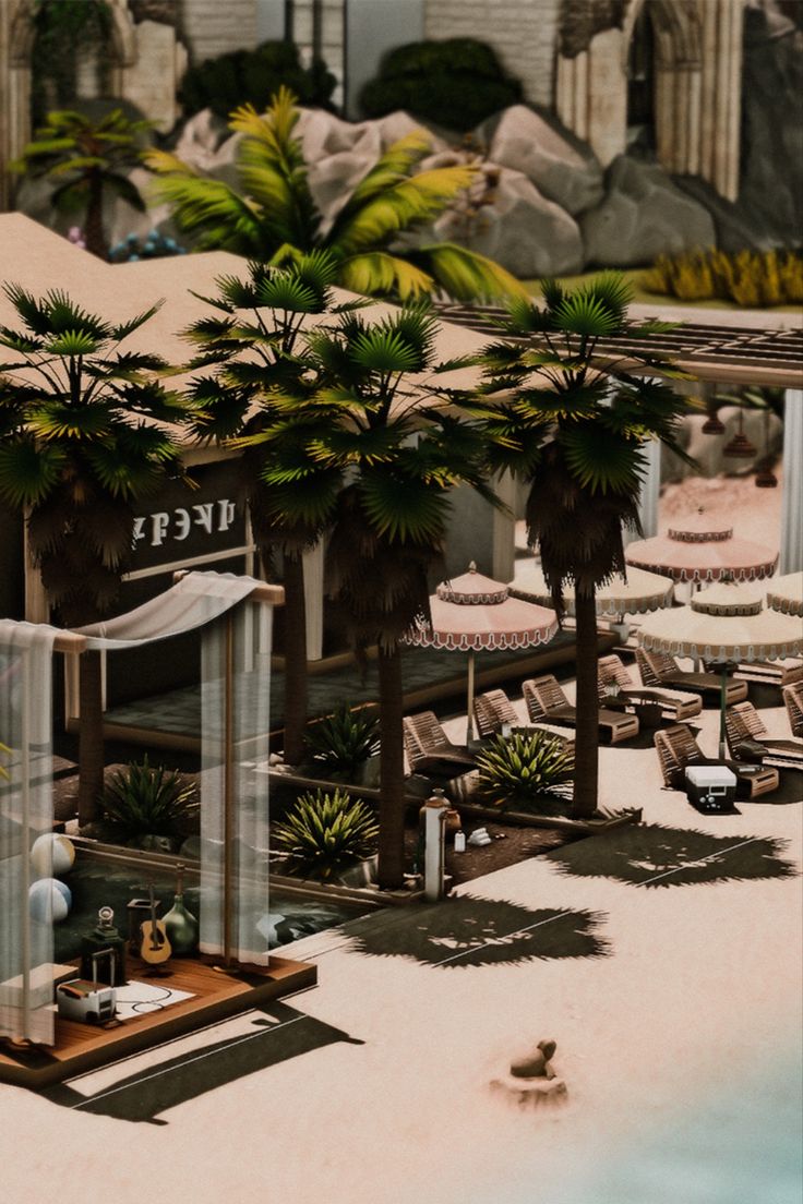 an aerial view of a beach resort with palm trees in the foreground and people walking around