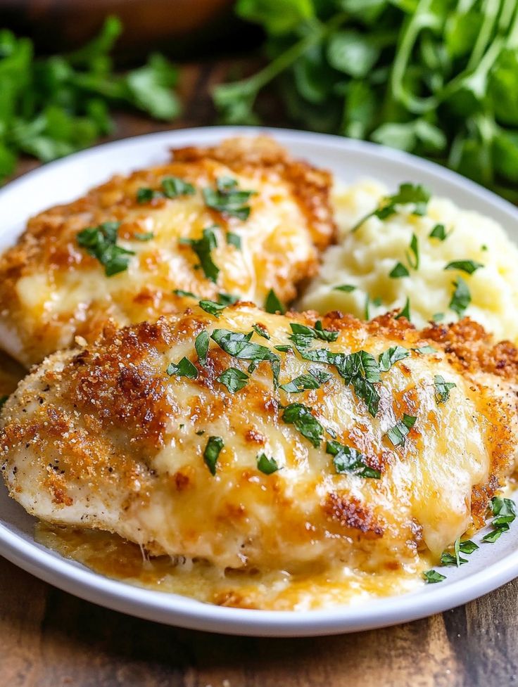 two pieces of chicken covered in cheese and parsley on a plate with mashed potatoes