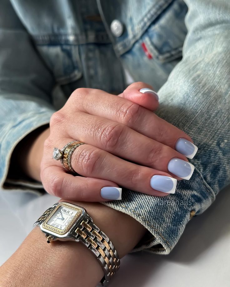 Blue Nail With White French Tip, Two Tone Blue French Tips, Blue Nails With White French Tip, Blue Nails White Tips, Blue Nails With White Tips, Short Blue French Tip Nails, Blue French Nails, French Manicure With A Twist, White French Nails