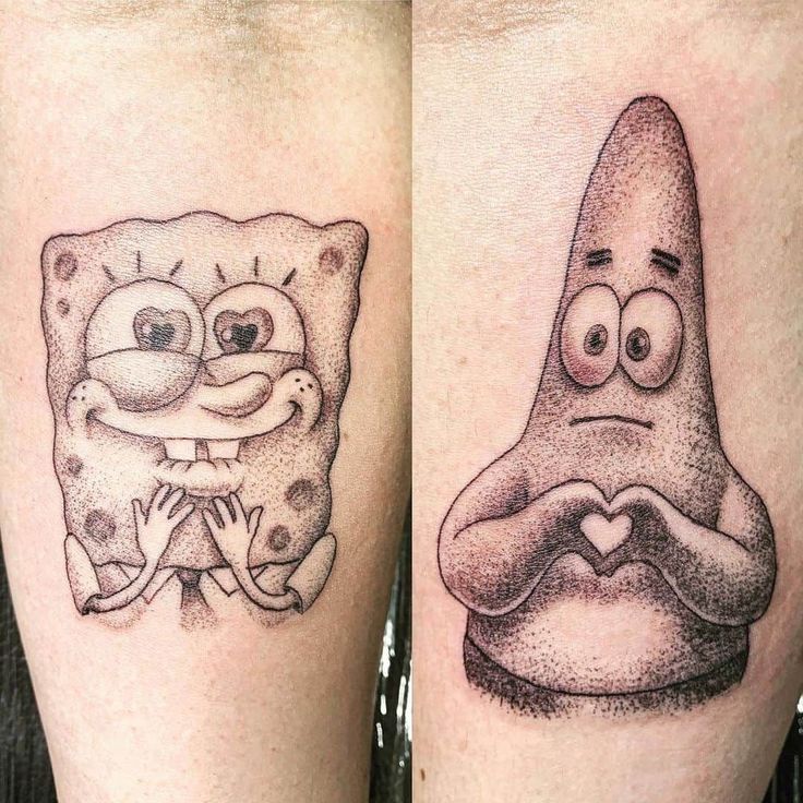 Matching Spongebob Tattoos For Couples Gary Tattoo, Spongebob And Patrick Tattoo, Tattoo Simplistic, Patrick Tattoo, Tattoos Matching, Spongebob And Patrick, Spongebob Patrick, Simplistic Tattoos, Fine Line