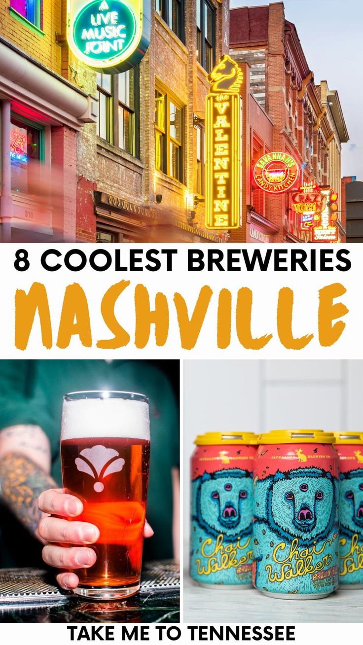 collage of beer cans with the words 8 coolest brewers in nashville