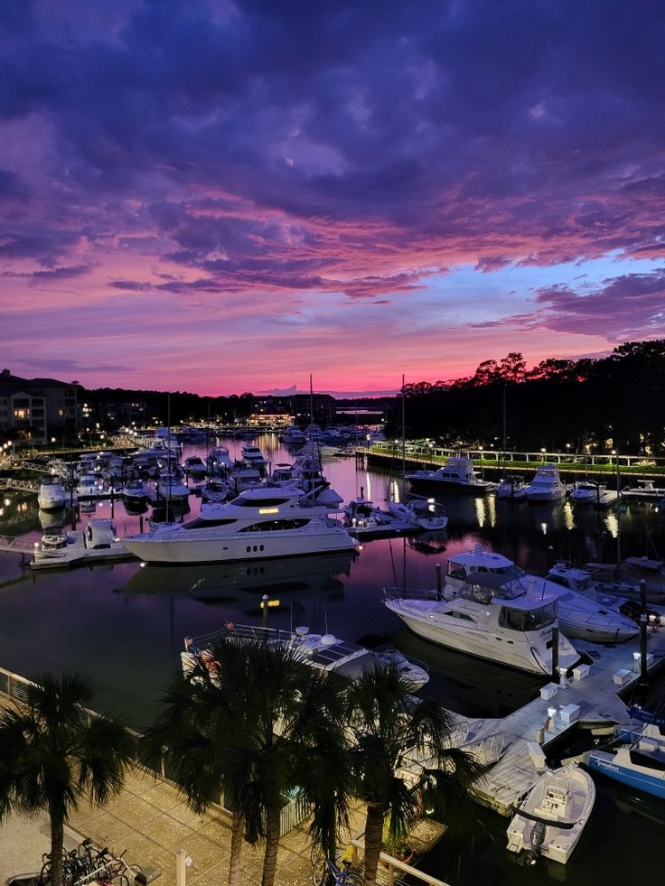 boats are docked in the harbor at sunset