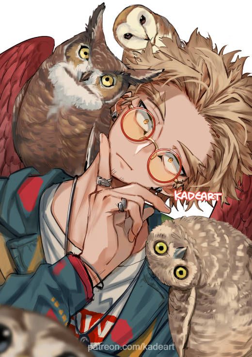 a man with glasses and an owl on his shoulder