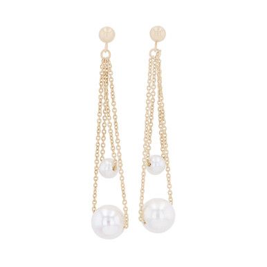 These stunning contemporary 14 karat gold drop earrings feature freshwater pearls ranging from 4.0-8.5 millimeters. 14k Gold Dangle Linear Earrings With Pearl Drop, 14k Gold Dangle Pearl Drop Jewelry, 14k Gold Linear Pearl Drop Earrings, Teardrop Akoya Pearl Pendant Earrings, Akoya Pearl Dangle Earrings In Pearl White, Teardrop Akoya Pearl Earrings With Pearl Pendant, Akoya Pearl Teardrop Earrings With Pearl Chain, Pearl White Akoya Pearl Dangle Earrings, Akoya Pearl Drop Dangle Earrings