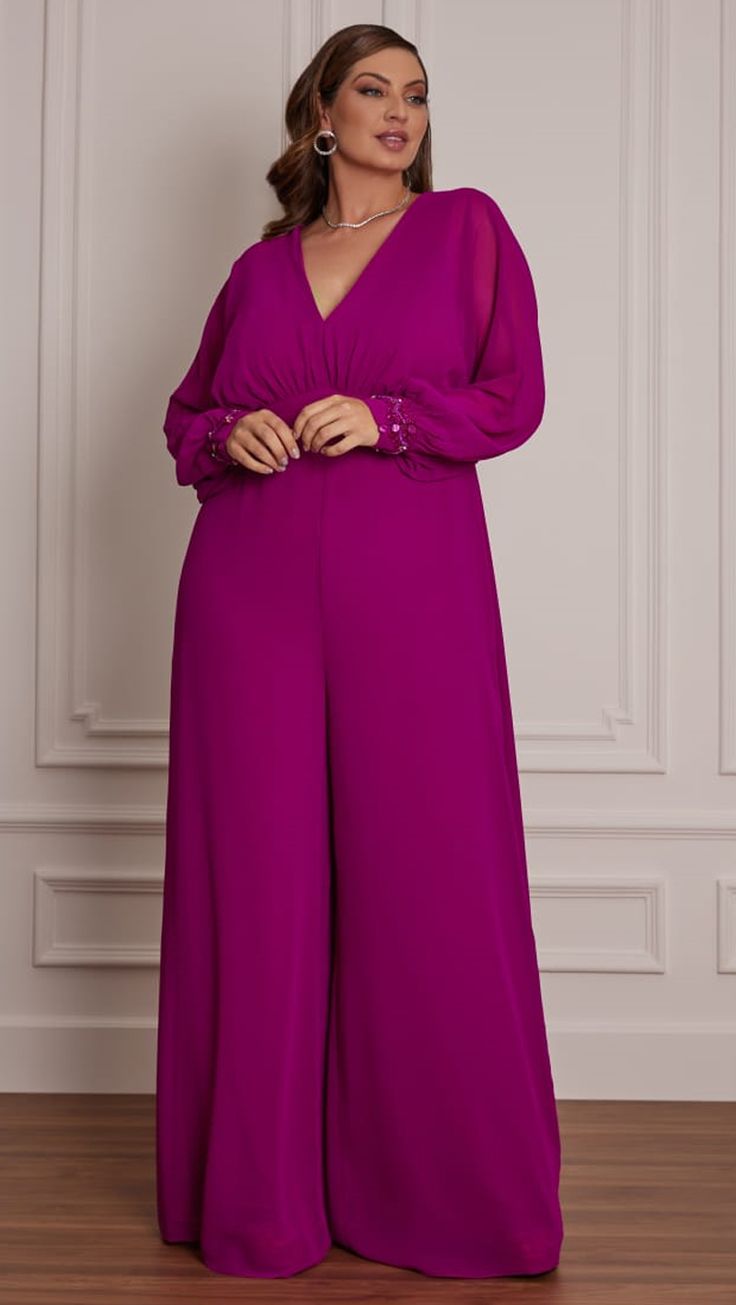 Cor: Fucsia, Tamanho: 46 Wide Leg Preta Plus Size, Moda Festa Plus Size, Blusas Trabalhada Plus Size, Chiffon, Plus Size