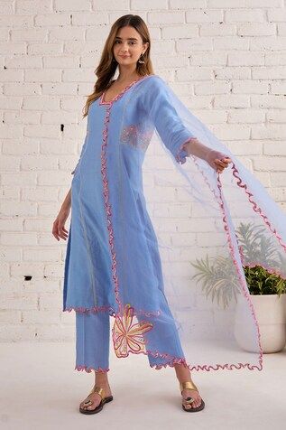 Blue kurta with floral, beads and sequins hand embroidery. Comes with pant and a dupatta. - Aza Fashions Blue Summer Sets With Dupatta, Blue Anarkali Traditional Wear For Summer, Spring Fitted Zari Work Dupatta, Spring Fitted Traditional Wear With Dori Work, Blue Dupatta For Spring Wedding, Blue Traditional Wear For Spring Festival, Blue Bollywood Traditional Wear For Spring, Blue Wedding Kurta For Summer, Blue Summer Wedding Kurta