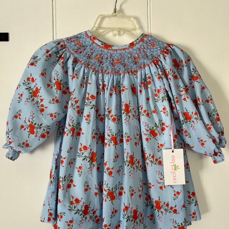 New With Tags Cecil And Lou Embroidered Long Sleeve Floral Dress. - Lined - Machine Washable Pet And Smoke Free Home Spring Floral Embroidered Dress For Playtime, Blue Floral Print Playtime Dress, Red Floral Print Dress For Playtime, Red Smock Cotton Dress, Red Cotton Smock Dress, Cute Blue Holiday Dress, Short Sleeve Dresses With Floral Embroidery For Playtime, Cute Red Smock Dress, Blue Floral Print Dress For Holiday