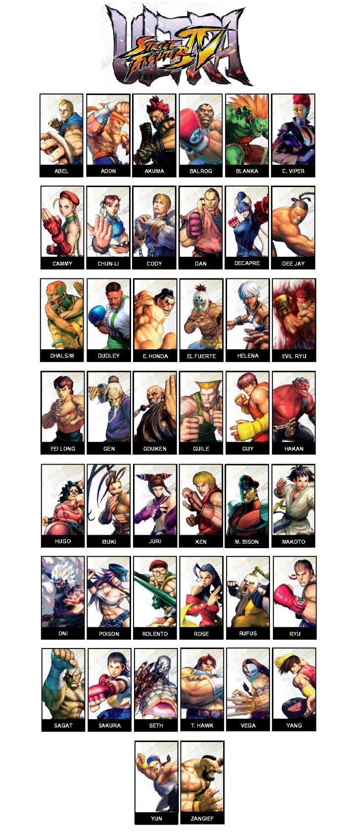 an image of the street fighter game character sheet with all characters and their name on it