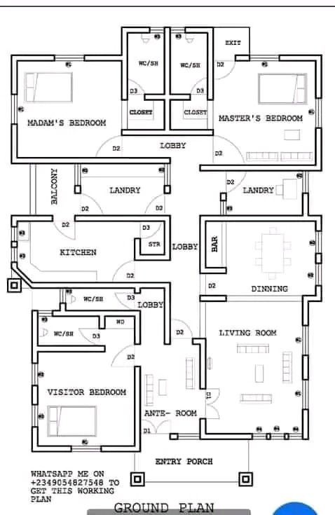 the floor plan for an apartment with three bedroom and two bathrooms, including one living room