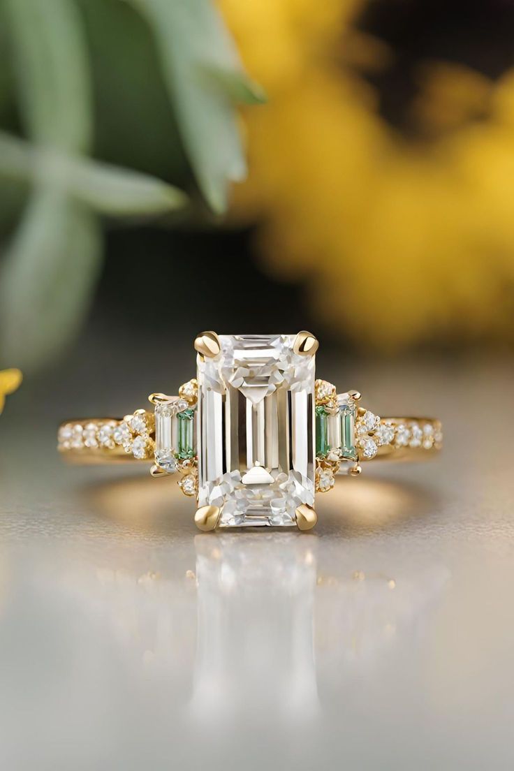 an emerald and diamond engagement ring on a table with flowers in the backgroud