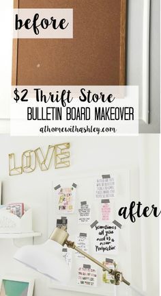 the before and after shots of a bulletin board makeover with text overlays