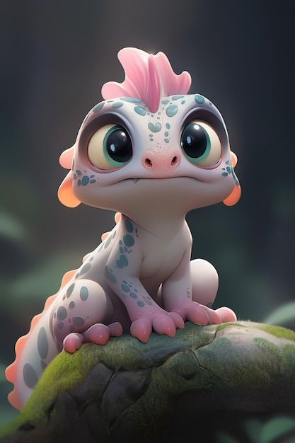 a cartoon gecko sitting on top of a leafy plant with big eyes and pink hair