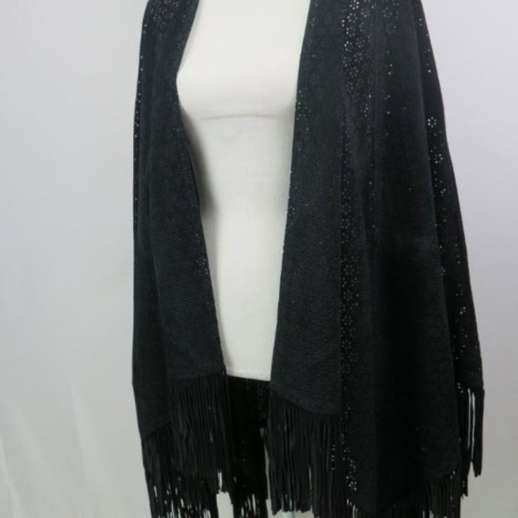 One Size Rare Vintage Suede Poncho With Fringe Black - Asymmetrical - Suede Poncho / Cardigan / Shawl Gently Used - No Rips, Holes, Stains Or Tears. One Size No Tags B67-1 Cardigan Shawl, Butterfly Scarf, Silk Scarf Wrap, Poncho Cardigan, Shawl Cardigan, Vintage Silk Scarf, Vintage Suede, Printed Silk Scarf, Stripe Silk