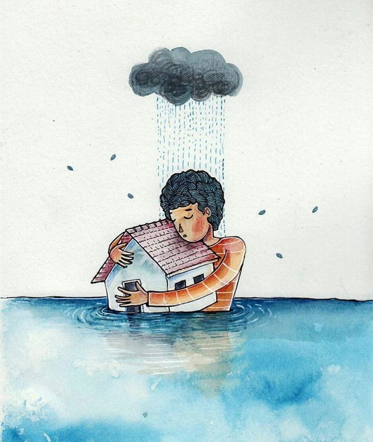 a drawing of a person holding a house in the water