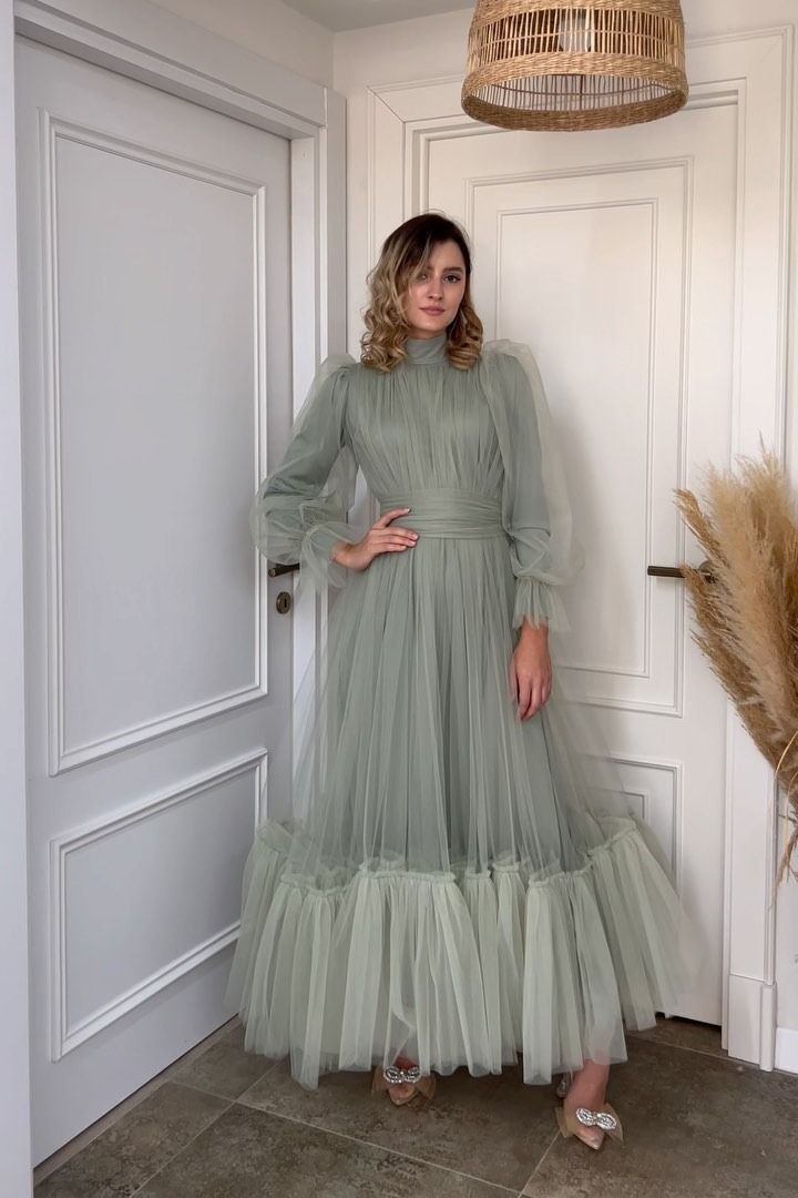 Modest Sage Tulle Bridesmaid Dresses Bridesmaid Dresses High Neck, Long Sleeve Bridesmaid Dresses, Long Green Bridesmaid Dresses, Dresses Elegant Short, Tulle Bridesmaid Dresses, Dresses High Neck, Simple Frock Design, Cotton Saree Blouse Designs, Long Frock Designs