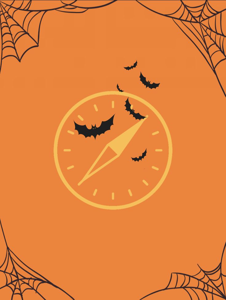 an orange background with bats and a clock