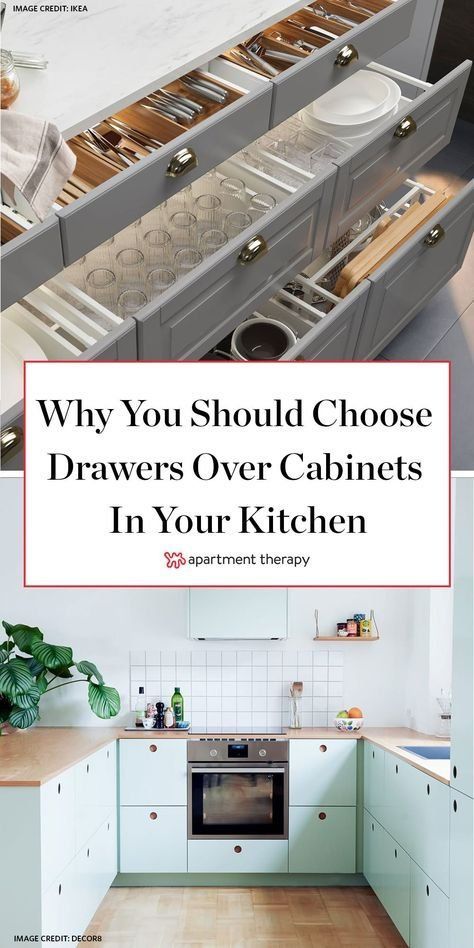 an open drawer in a kitchen with the words why you should choose drawers over cabinets in your kitchen