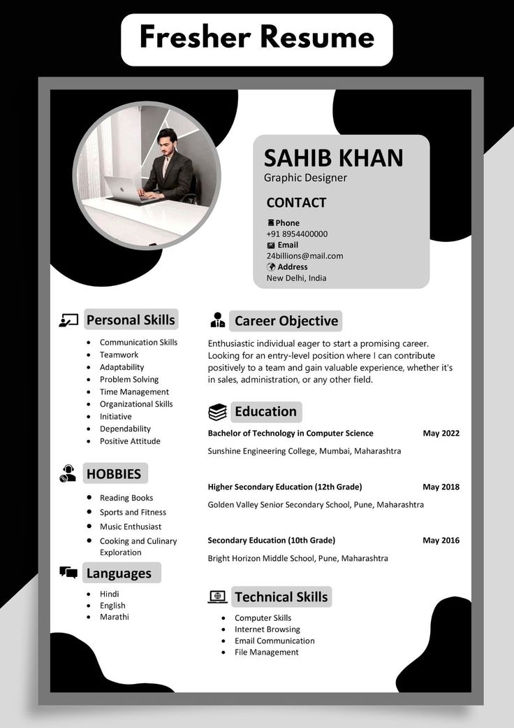 a black and white resume template with an image of a man in a business suit