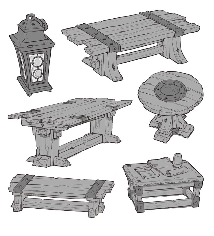 some benches and tables made out of wooden planks with lanterns on top, along with a lantern