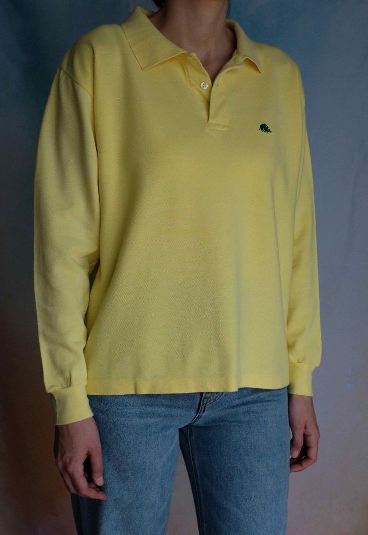 Long sleeved polo shirt in yellow | Etsy Polo Shirt Outfit, Outfit Yellow, Polo Shirt Outfits, Yellow Polo Shirt, Bib Collar, Polo T Shirt, Long Sleeve Polo Shirt, Long Sleeve Polo, Vintage Cotton