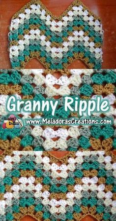 crocheted granny ripples are shown in two different colors, one is green and the other is white