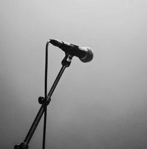 a black and white photo of a microphone in front of a gray sky with no clouds