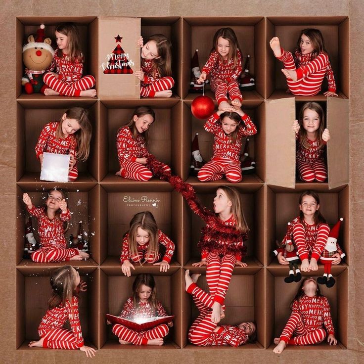 the children are dressed in matching red and white pajamas, posing for pictures with their gifts