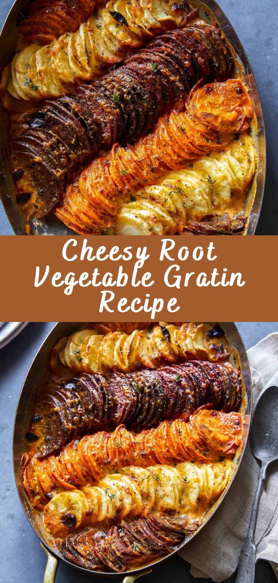 cheesy root vegetable gratin recipe in a pan