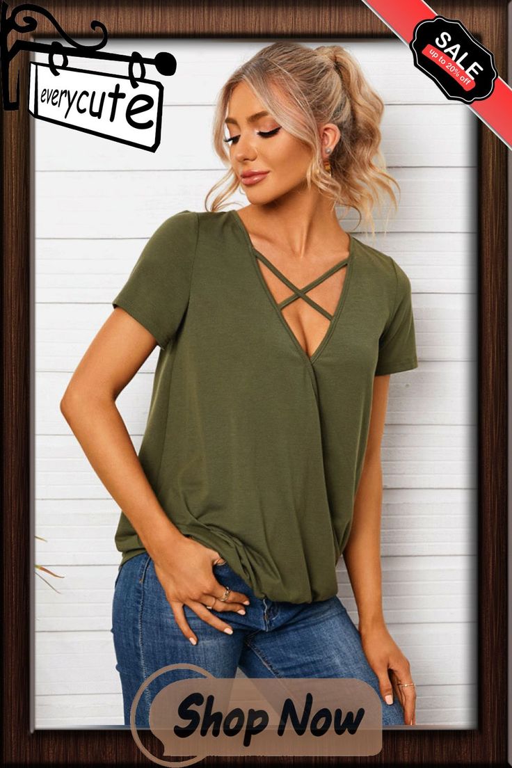 Solid Criss-cross V-neck Short Sleeve Casual T-shirt Trendy Stretch Crisscross Tops, Casual Stretch Crisscross Top, Casual Cross-tied Tops For Spring, Trendy Solid Color V-neck T-shirt, Trendy Spring Crisscross Tops, Trendy Summer Top With Crisscross Neckline, Trendy Summer Tops With Crisscross Shape, Trendy Crisscross Top For Summer, Trendy Crisscross Summer Tops