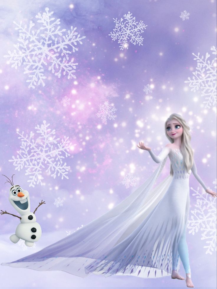 the frozen queen and her snowman are standing in front of some snowflakes