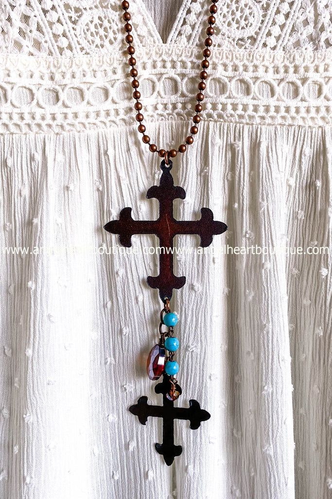 A double cross necklace brass - Angel Heart Boutique Bohemian Brown Cross Necklace, Brown Bohemian Cross Necklace, Bohemian Bronze Cross Necklace, Adjustable Bohemian Cross Beaded Necklaces, Bronze Cross Bohemian Necklace, Bronze Bohemian Cross Necklace, Bohemian Turquoise Cross Necklace, Bohemian Beaded Cross Pendant Necklace, Double Cross Necklace